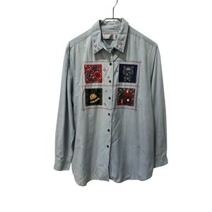 Karen Scott large Women's Long Sleeve Denim Shirt With Embroidered Patches